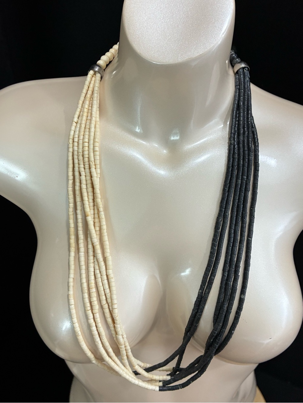 Two-Tone Black and Cream African Multi-Strand Beaded Statement Necklace EUC
